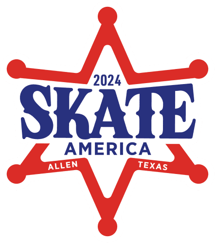 2024 Skate America logo. The words 2024 Skate America are written in blue with a red six-point star around it that resembles a shariff's badge. Allen, Texas is written along the bottom